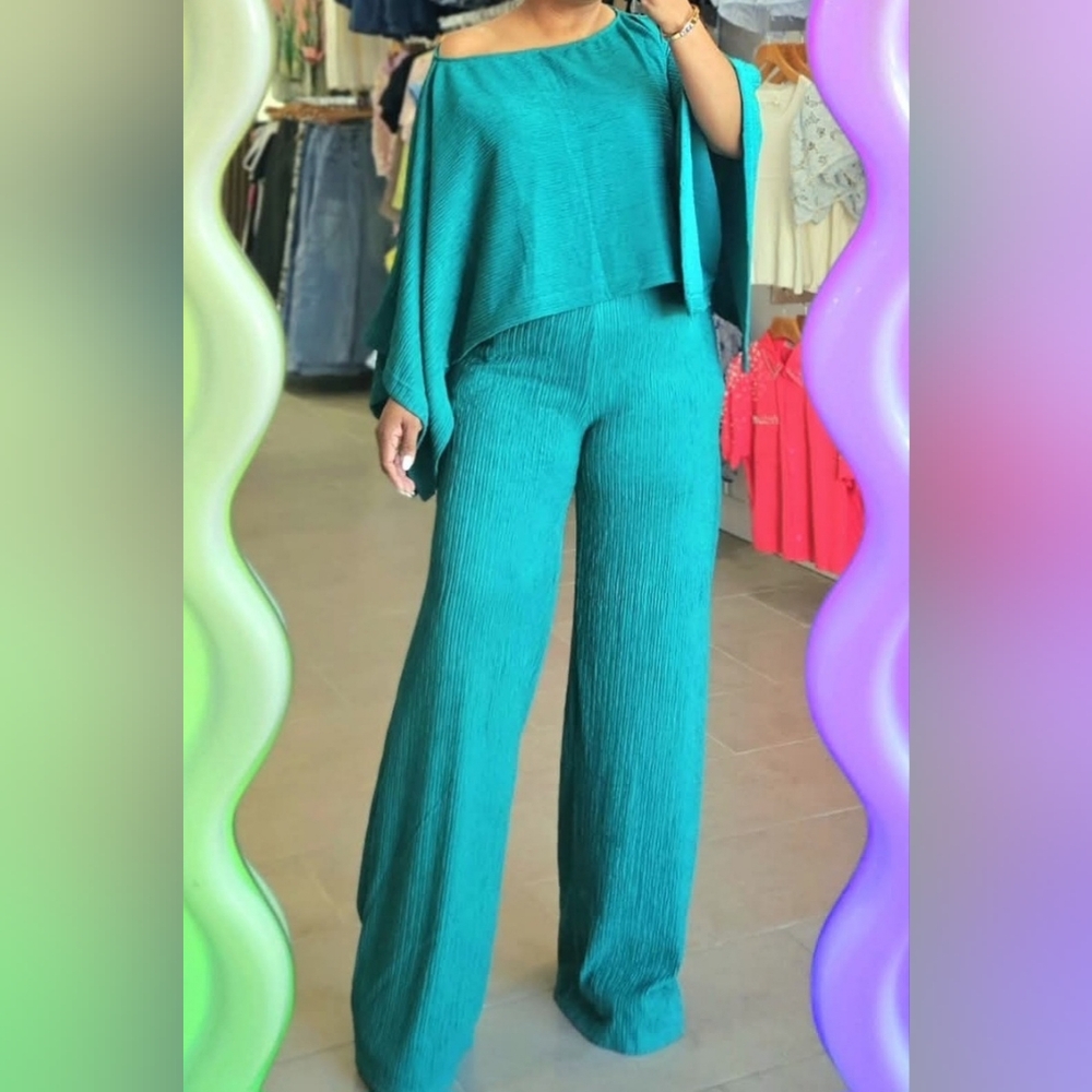 Love Teal Off-Shoulder Pants And Blouse Set